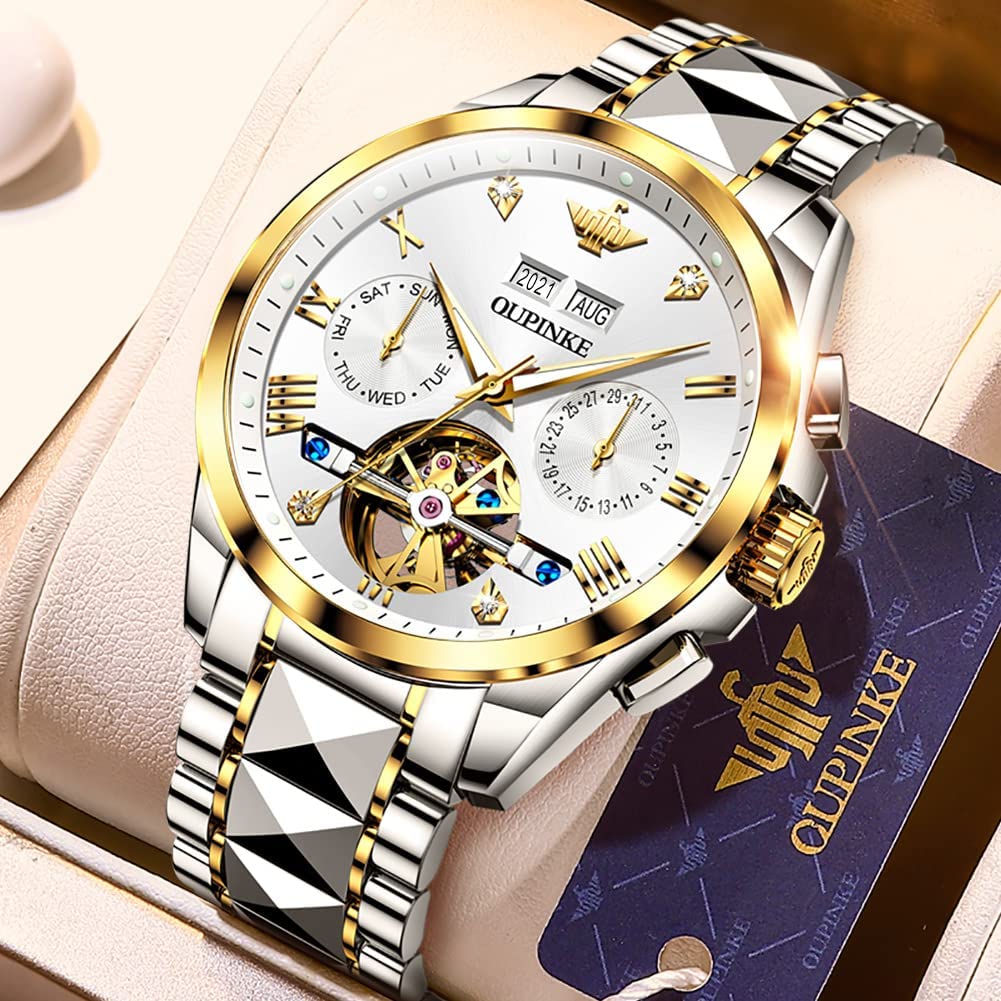 OUPINKE Mens Watches Luxury Automatic Mechanical Tungsten Steel Waterproof Tourbillon White