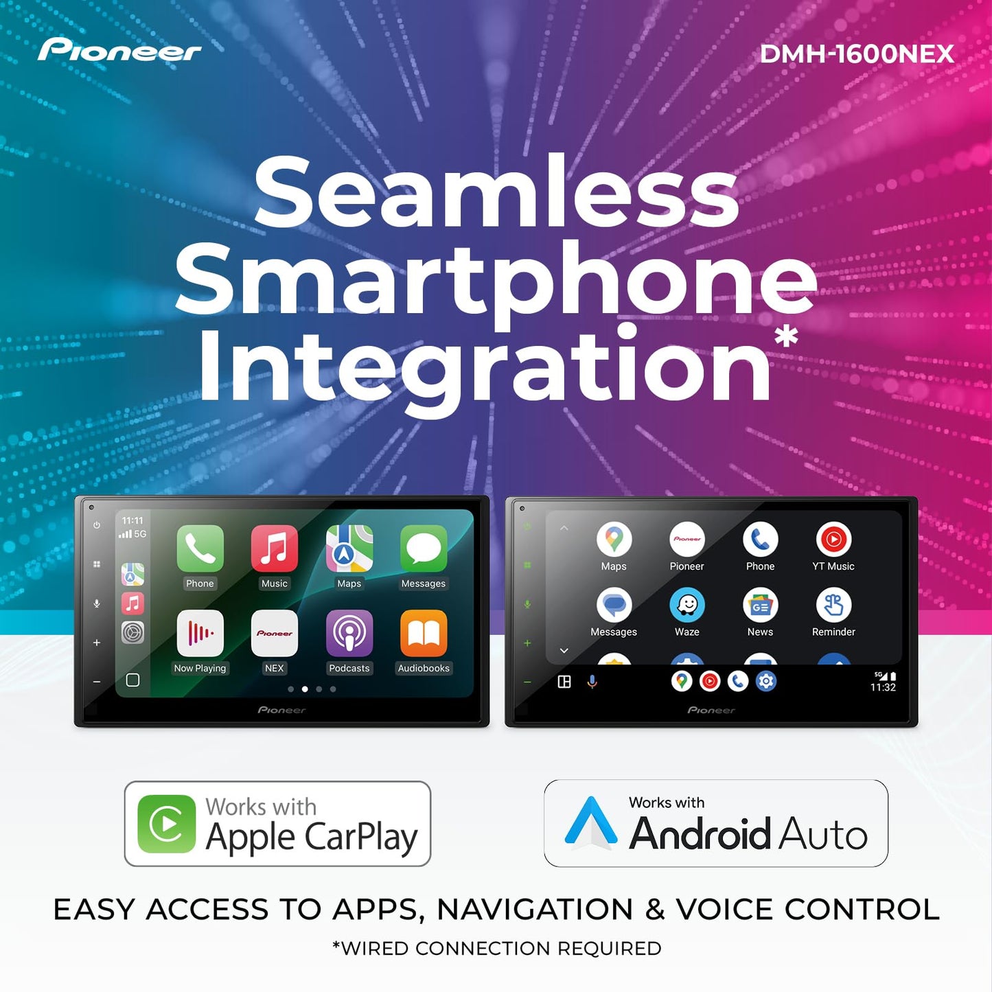 Pioneer DMH-1600NEX 6.8" Double-Din Digital Multimedia Receiver - Built in Bluetooth, Wired Apple CarPlay and Android Auto, Touchscreen, Rear Camera Input