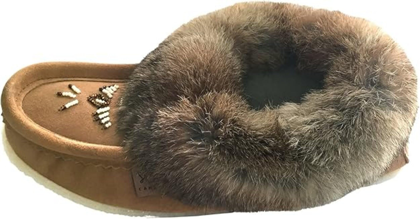Laurentian Chief Women's Suede Slippers with Rabbit Fur Collar Moccasins