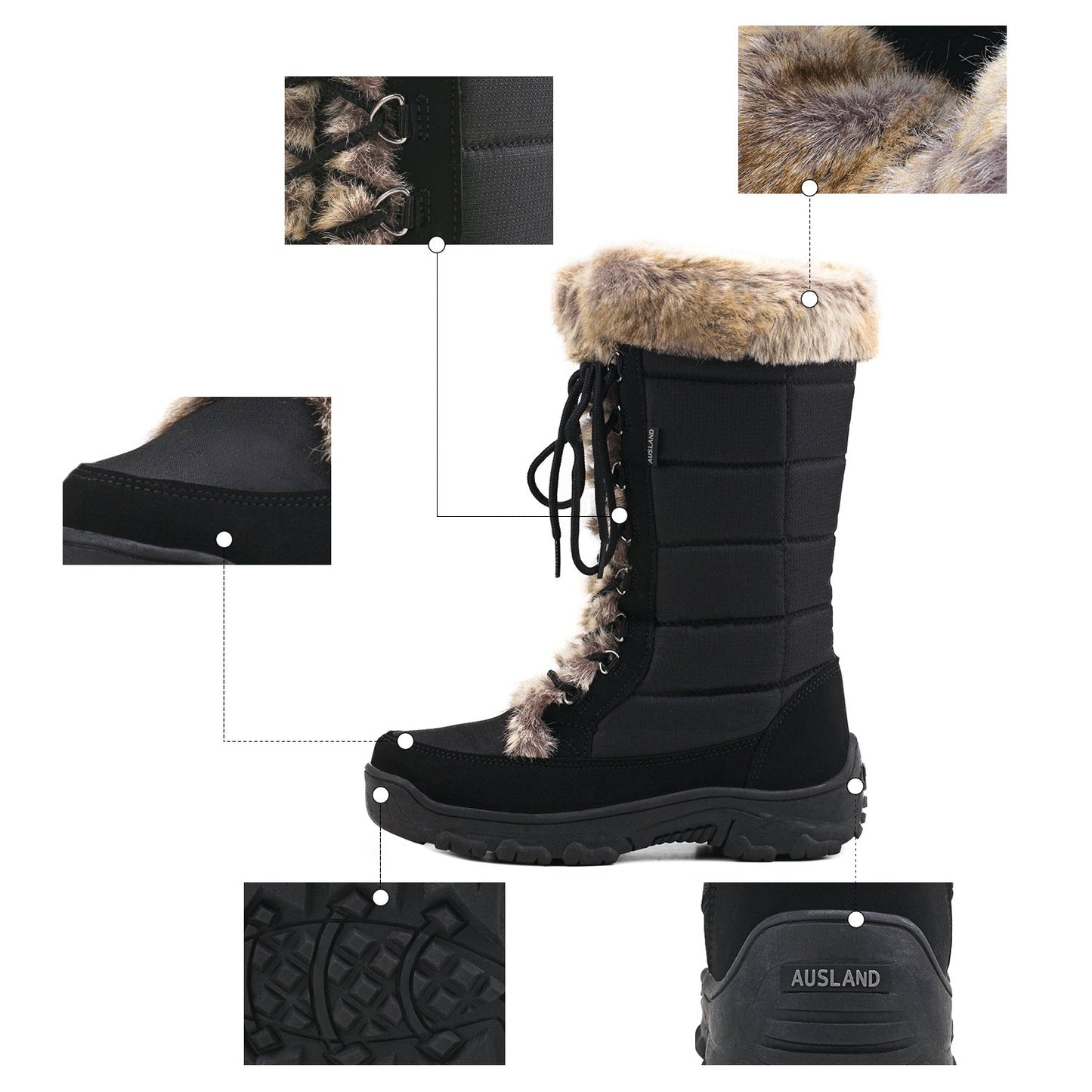 AUSLAND Women's Black Winter Snow Boots Twin Peaks Fur Cuff Mid-Calf Waterproof Lace Up Boots E7623 6US/37EU