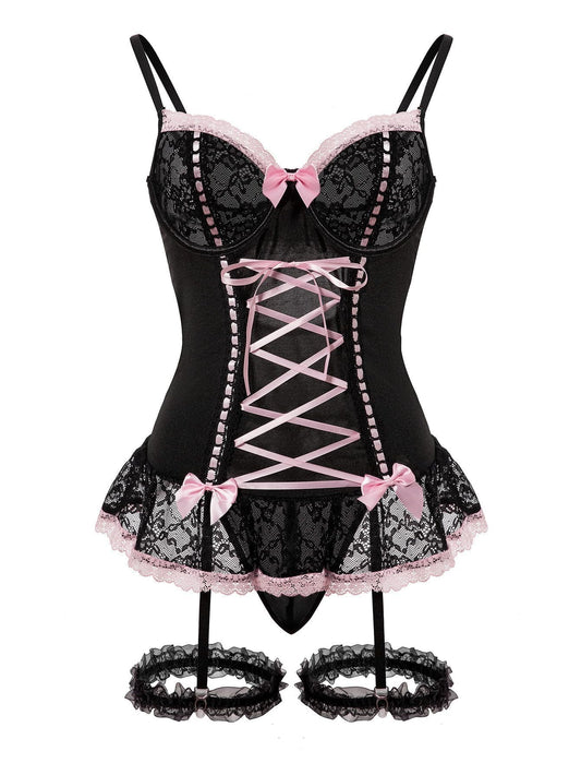 Women's Underwire Lace Corset Bustier Lingerie Set Black M