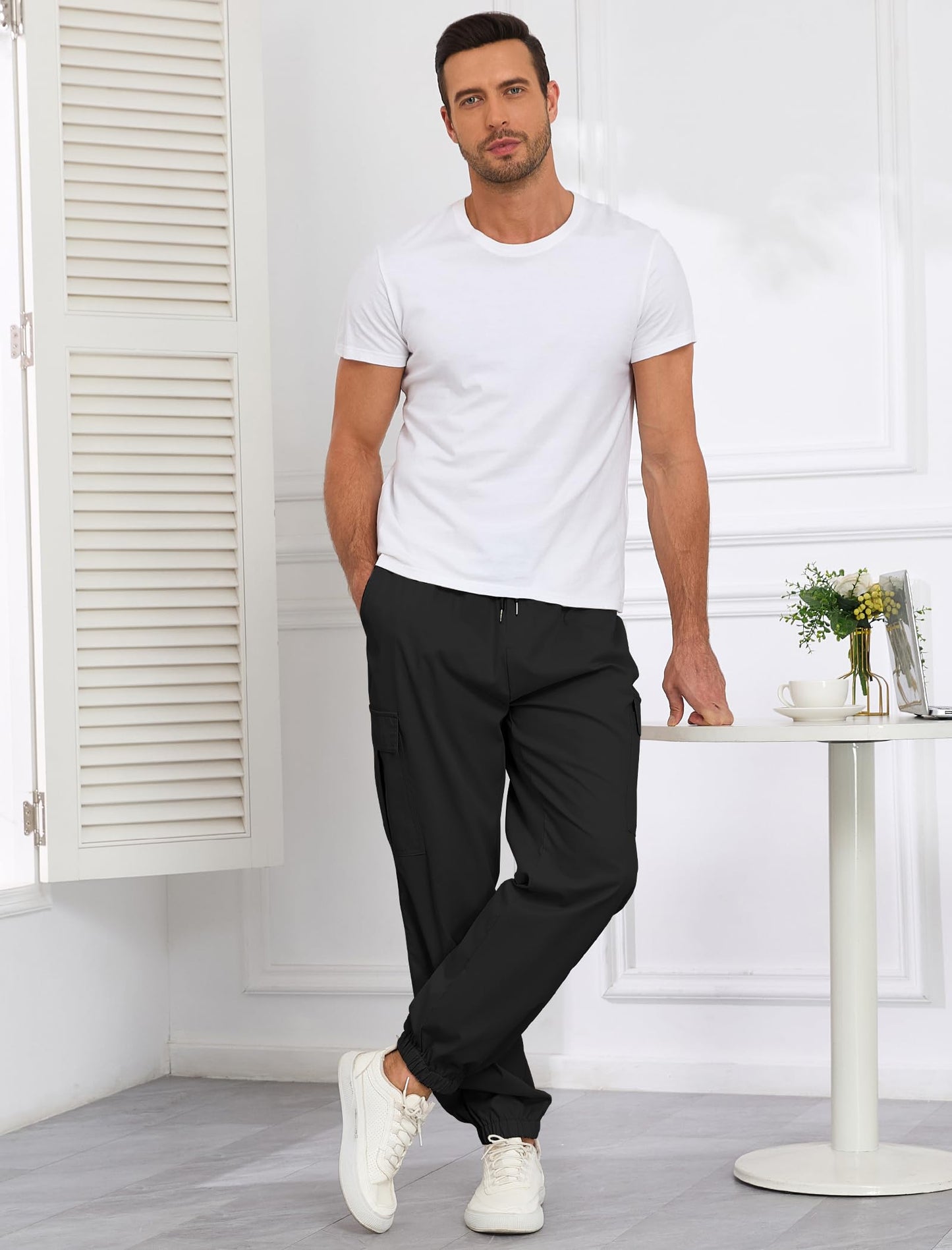ZAFUL Mens Casual Cargo Pants Drawstring Hiking Outdoor Streetwear Track Joggers Sweatpants with Pockets (1-Black, L)