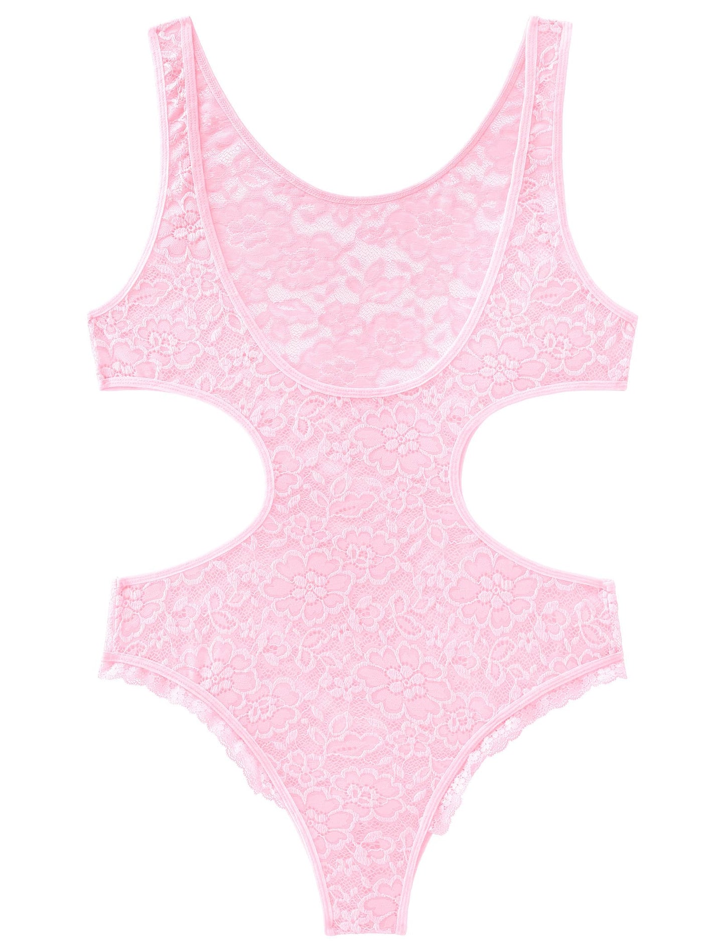 Men's Sissy Lace Bodysuit Floral Sheer See Through Sleeveless Cutout Leotard Crossdress Lingerie Pink XX-Large