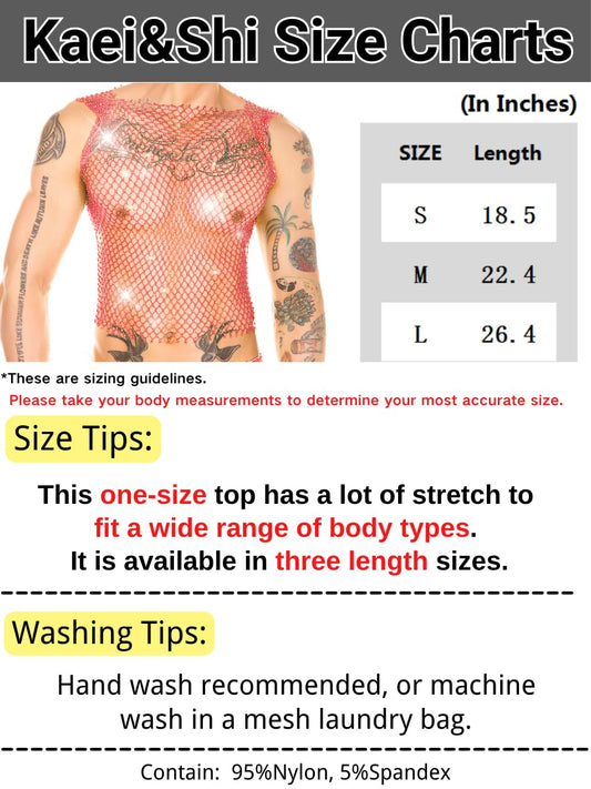 Kaei&Shi Rhinestone Mens Tank Tops Sheer Mesh See Through Fishnet Sparkly Rave Outfit Festival Crop Men Shirt Sexy Club Party,Pink,Small