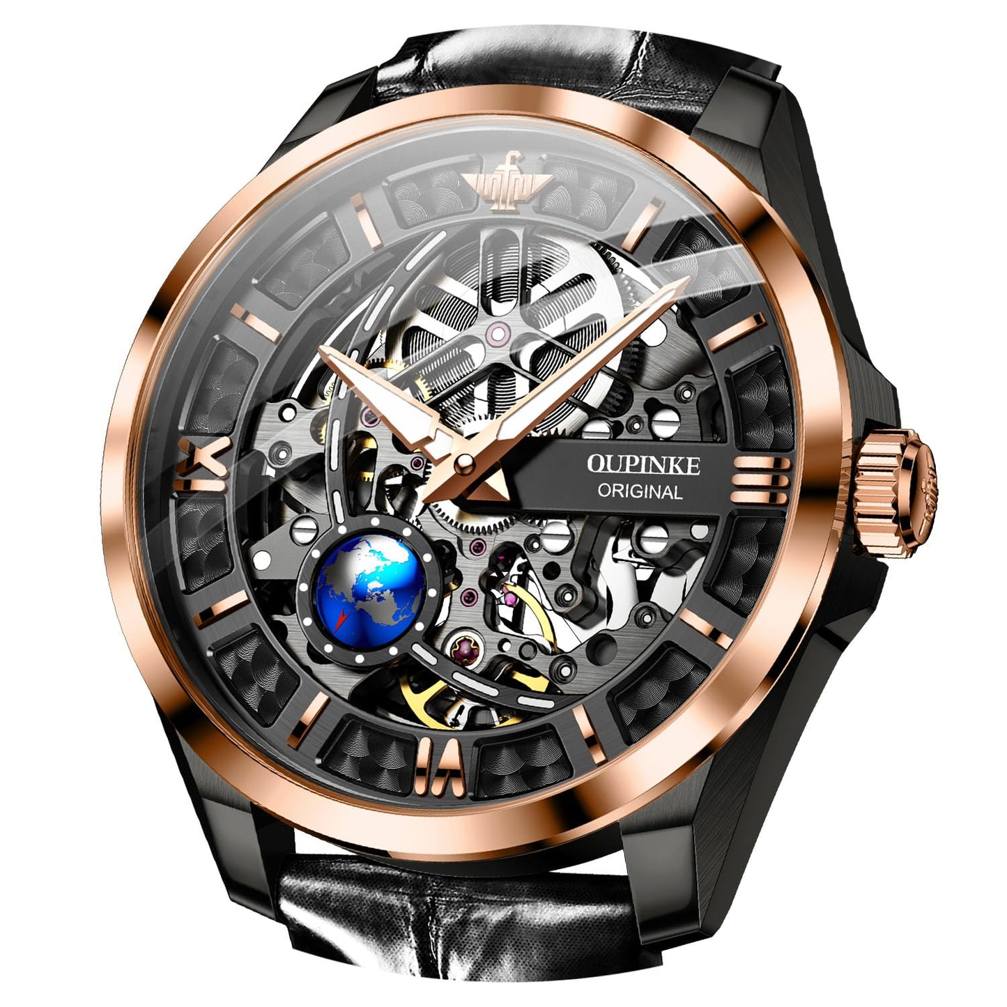 OUPINKE Skeleton Mens Automatic Watches Mechanical Luxury Dress Leather Self Winding Waterproof 50M/5ATM Luminous Watches for Men