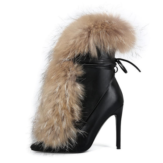 Maiosfy Furry Pointed Stiletto Heels with Straps Large Size Ankle Boots Heavy-Duty Soft Faux Fur Shoes Clubwear for Party Evening Footwear Unisex