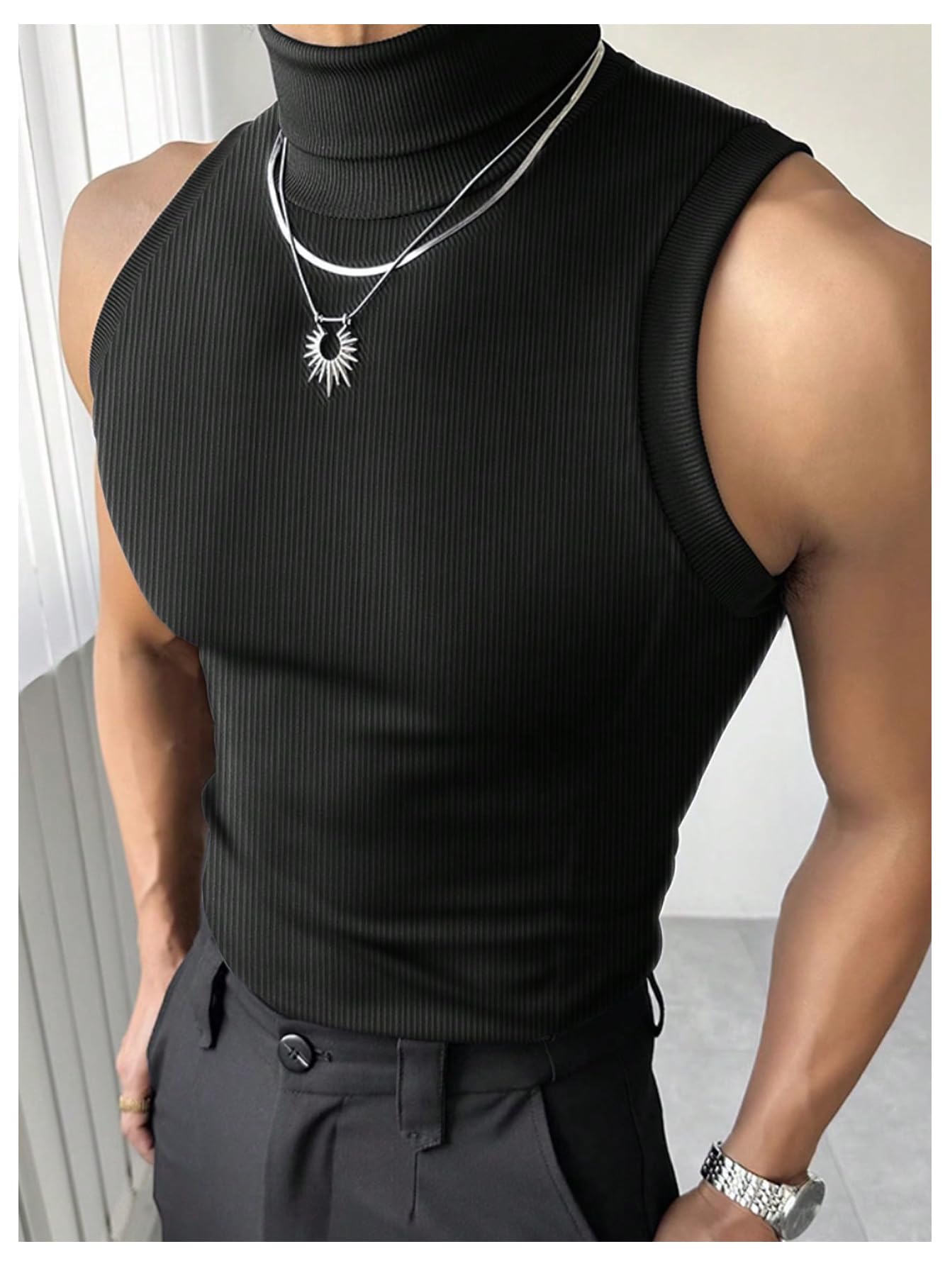 Milumia Men's Rib Knit Tank Top Sleeveless Mock Neck Casual Tops Streetwear Black Small
