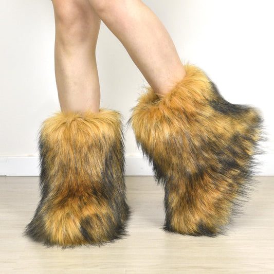 qenqenr Fashion Fur Boots,Flat Heel Comfy Plush Warm Snow Booties,2025 Winter Outdoors Furry Boots,Mid-Calf Faux fur Boot for Women