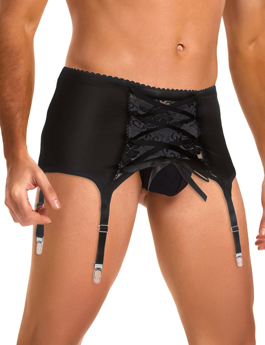 ohyeahlady Men's Sissy Gaters Belt Thong Panties lingerie Crossdressing G-string Bikini Briefs Underwear Suspender Garter Belt Black