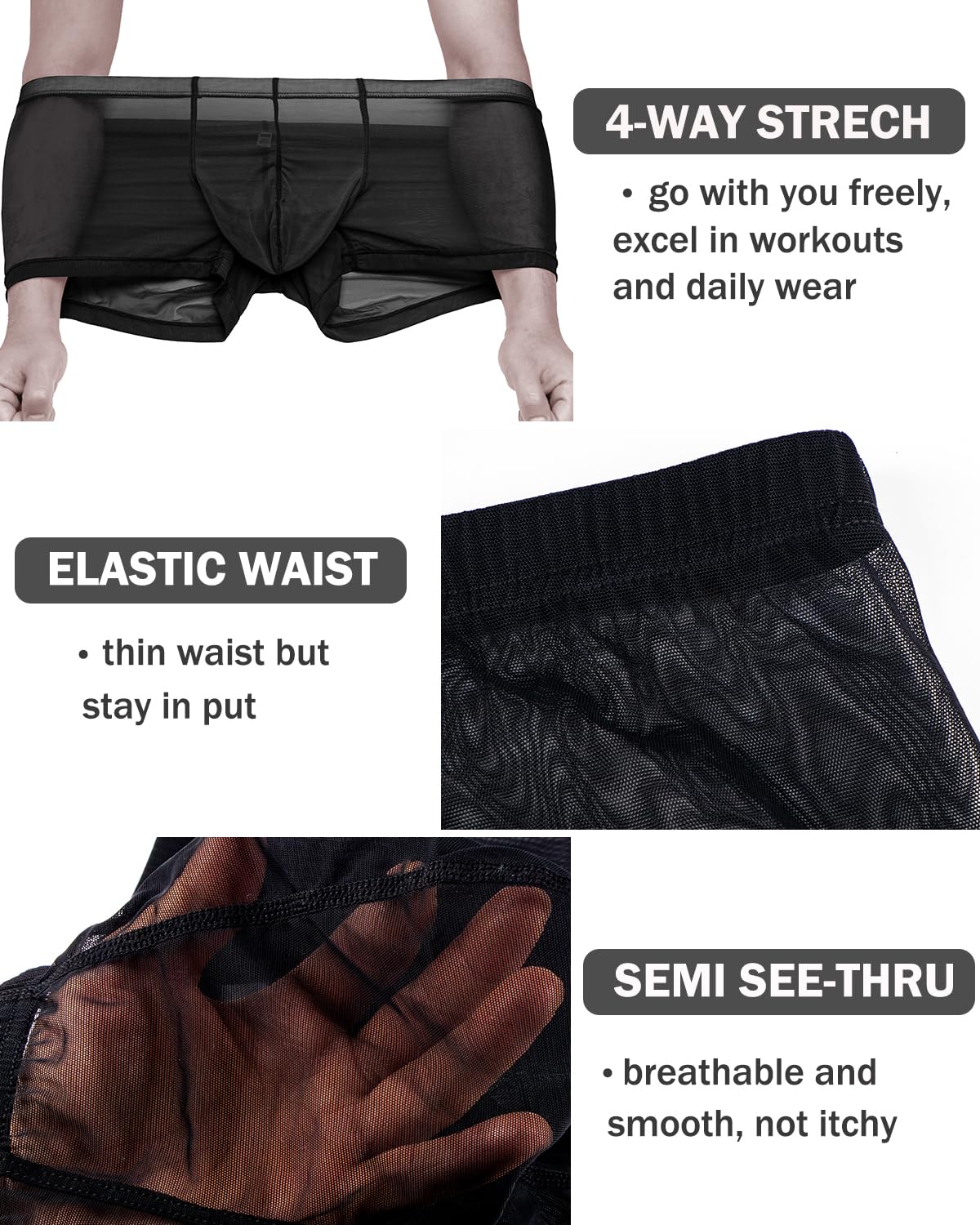 ZONBAILON Mens Mesh Underwear Breathable Cool See Through Boxer Sheer Briefs Sexy Trunks Shorts