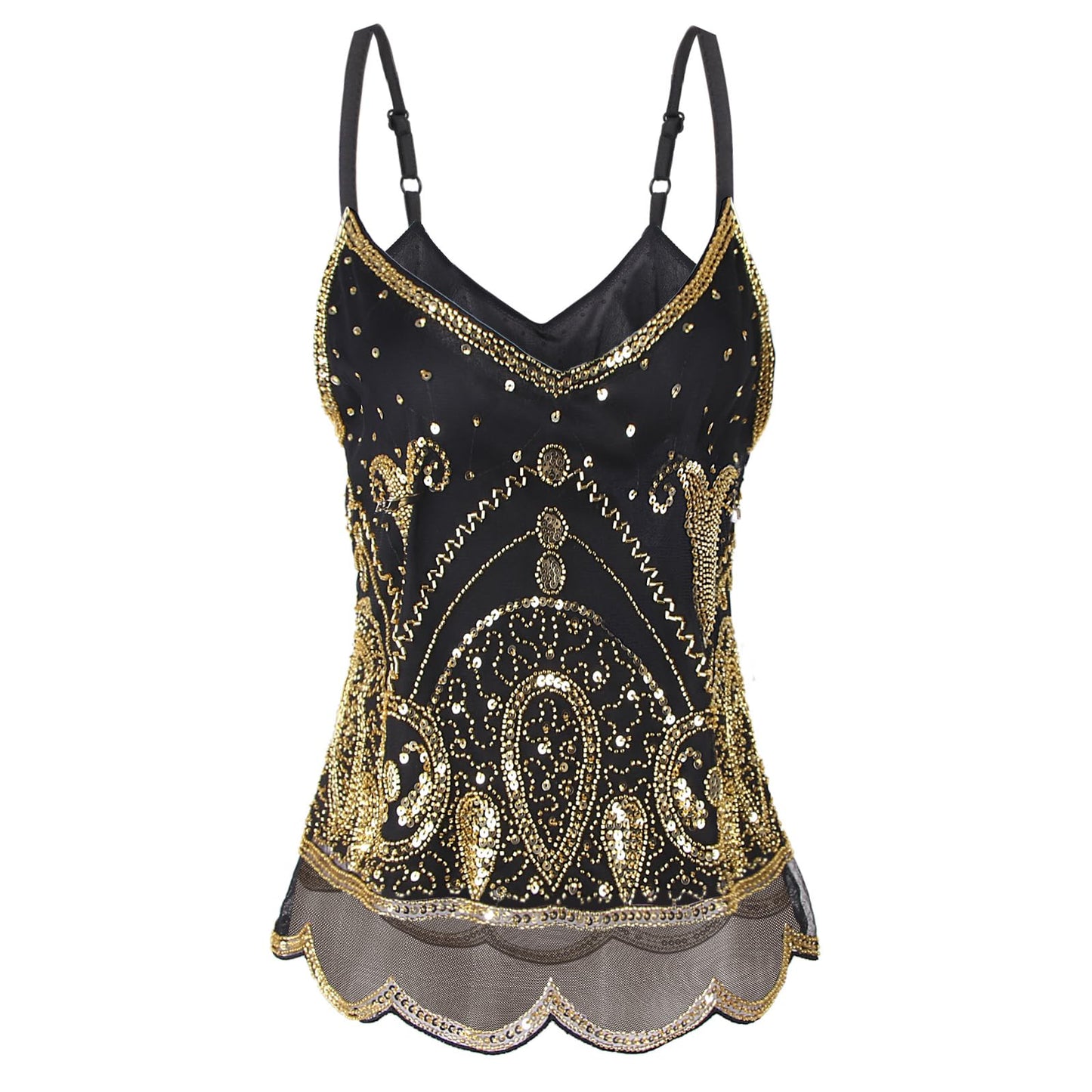 Vijiv Vintage 1920s Inspired Strappy Beaded Sequin Crop Top Flapper Style Sleeveless V-Neck Shimmer Glitter Tops Gatsby Party Black Gold