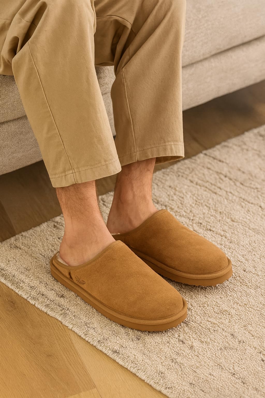 Project Cloud Mens Slippers 100% Genuine Leather and Genuine Shearling Lining – House Slippers for Men with Memory Foam Insole – Lightweight & Non Slip Mens House Shoes (Chill,CHSTNUTSUEDE,7.5)