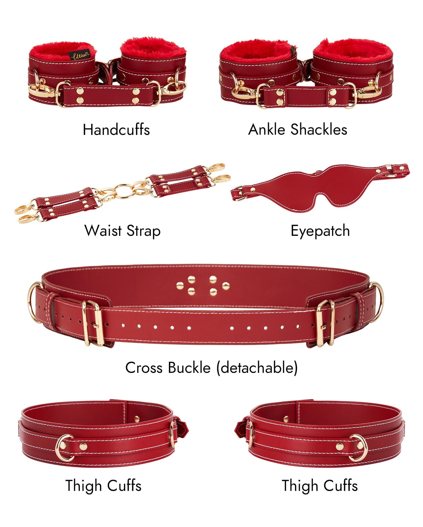 UTIMI Sex Bondage BDSM Kit Fesseln 6PCS Sets mit Verstellbaren Handschellen Fußfessel Oberschenkelmanschetten Augenbinde Kreuzgurt Taillengurt SM Erwachsene Sexspielzeug für Männer Frauen und Paare
