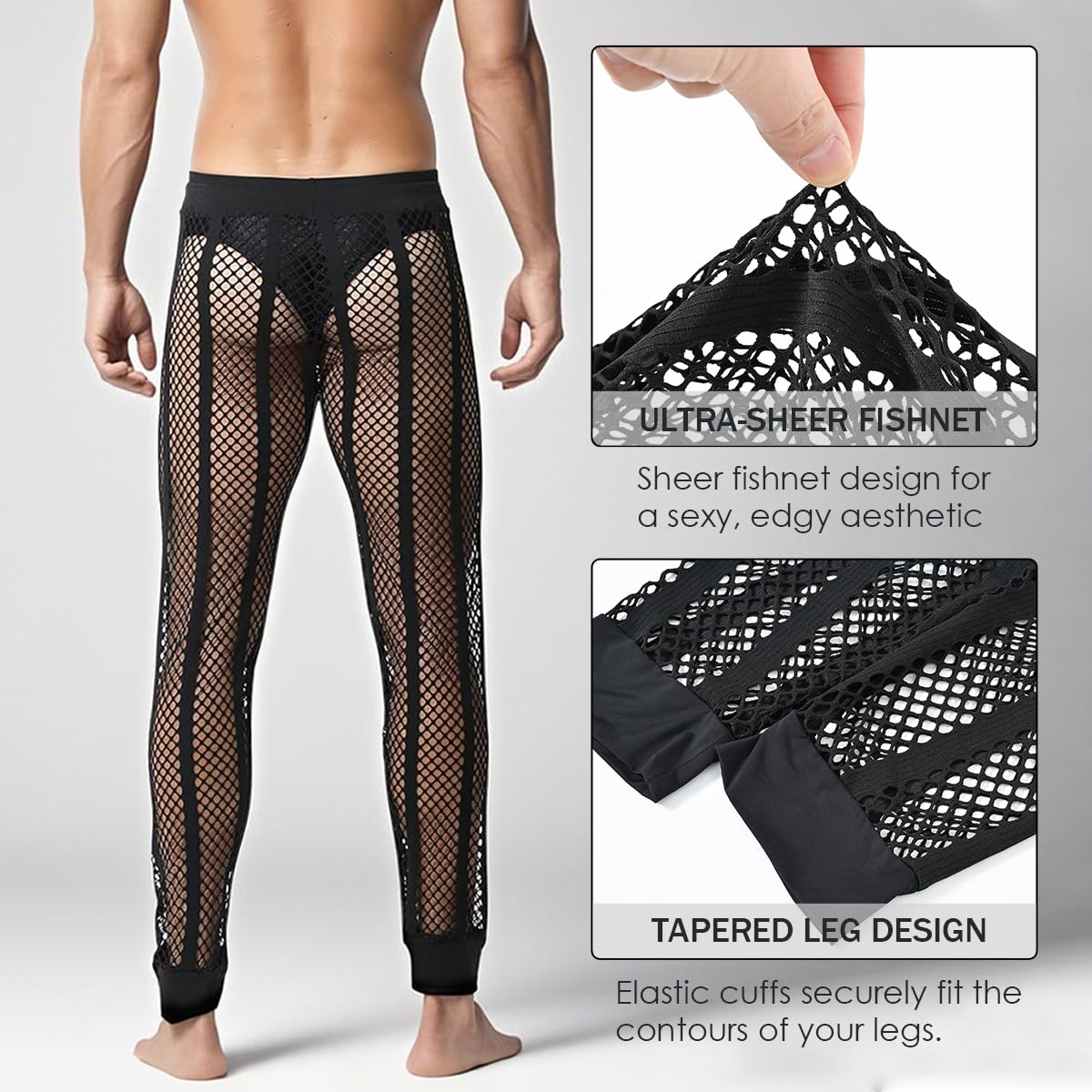YINYOUYU Men's Fishnet Pants Drawstring Mesh See Through Bottoms Leggings Muscle Long Pants M Black