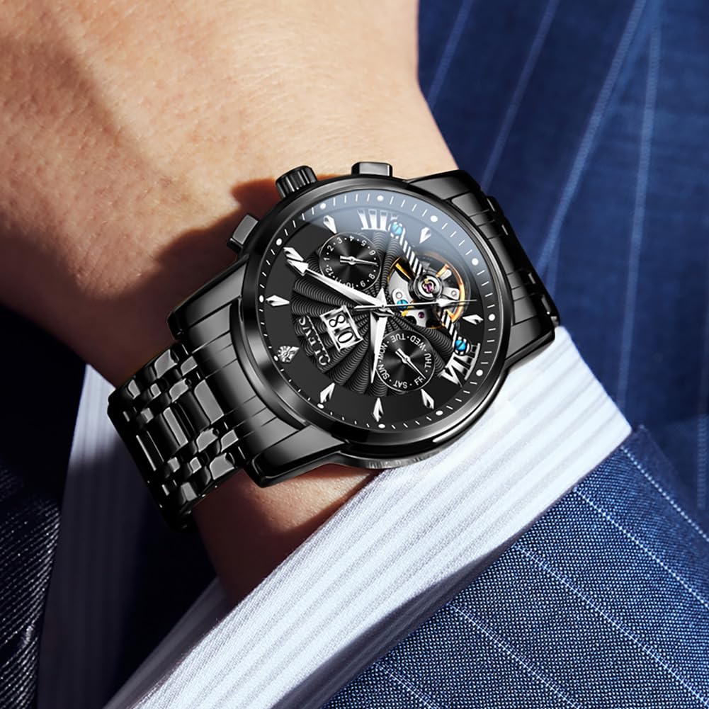OLEVS Men Automatic Watch Luxury Skeleton Mechanical Black Wrist Watch Date Calendar Stainless Steel Waterproof Luminous Classic Business Watches
