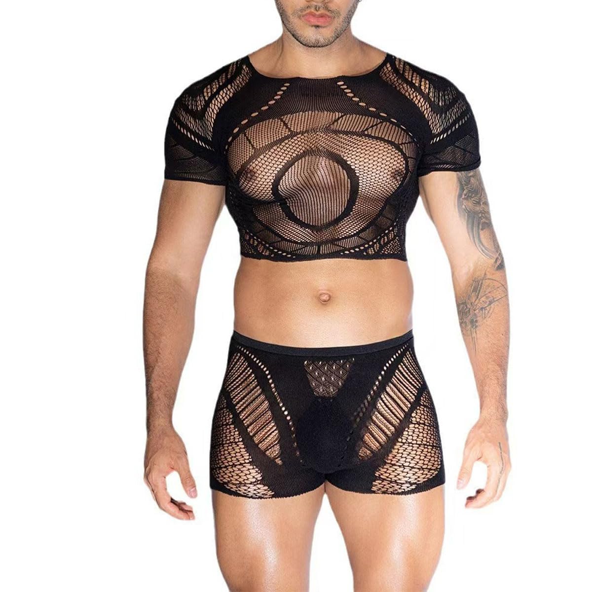 LDNSTQI Men's Sheer Lace Mesh Bodysuit Lingerie Thong See Through Underwear Short Sleeve Undershirt Jumpsuit Transparent Briefs Nightwear Garment