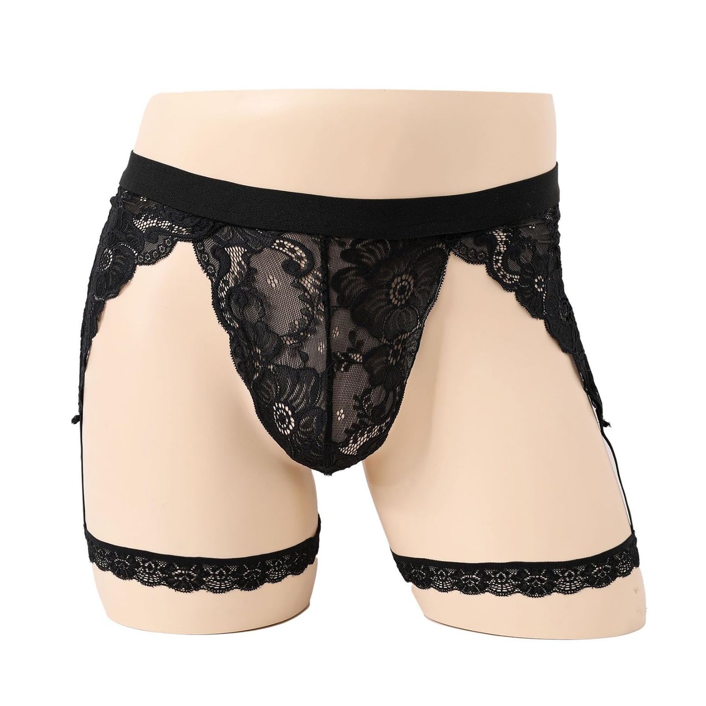 ABAFIP Men's Lace Underwear Sheer Pouch Garter Panties Crossdressing Sexy Lingerie Sissy Underpants Black Medium