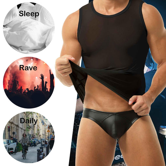 QiaTi Men's Faux Leather Briefs Black Underwear Rave Thong Swimsuit for Men