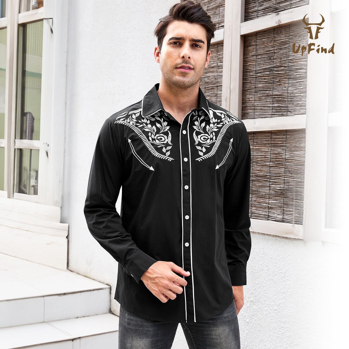 UpFind Western Shirts for Men Cowboy Shirts Long Sleeve Embroidered Country Shirt Slim Fit Button Down Shirt Casual Work Shirts Black