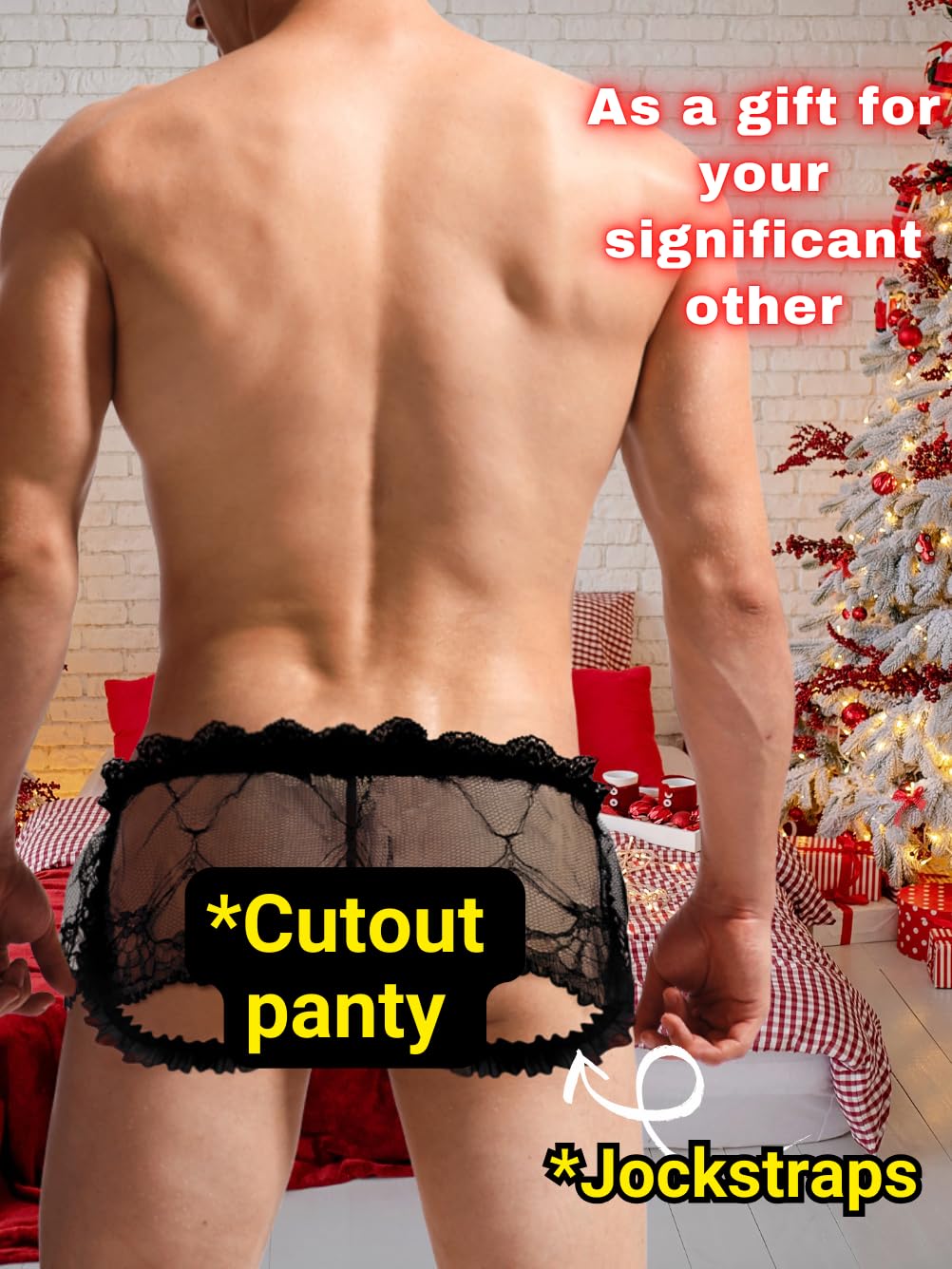 ChiaoLezhee Mens Lace Sexy Underwear, Sissy Pouch Panties Femboy For Men, Low Rise Bow Lingerie Fits 32-42, Sheer Girly, Red, One Size
