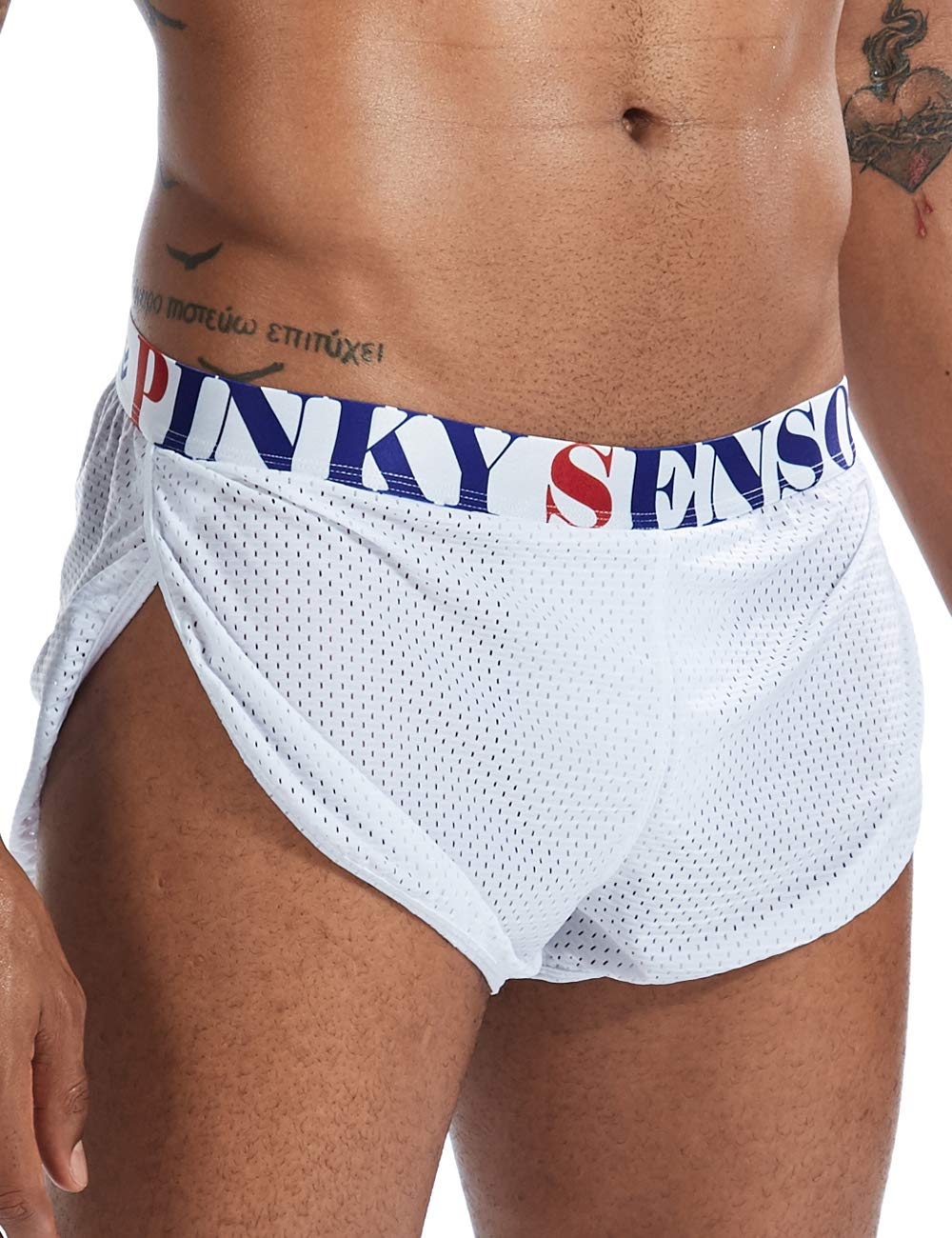 MIZOK Men's Slit Side Bodybuilding Shorts Breathable Mesh Workout Yoga Short (White,L)