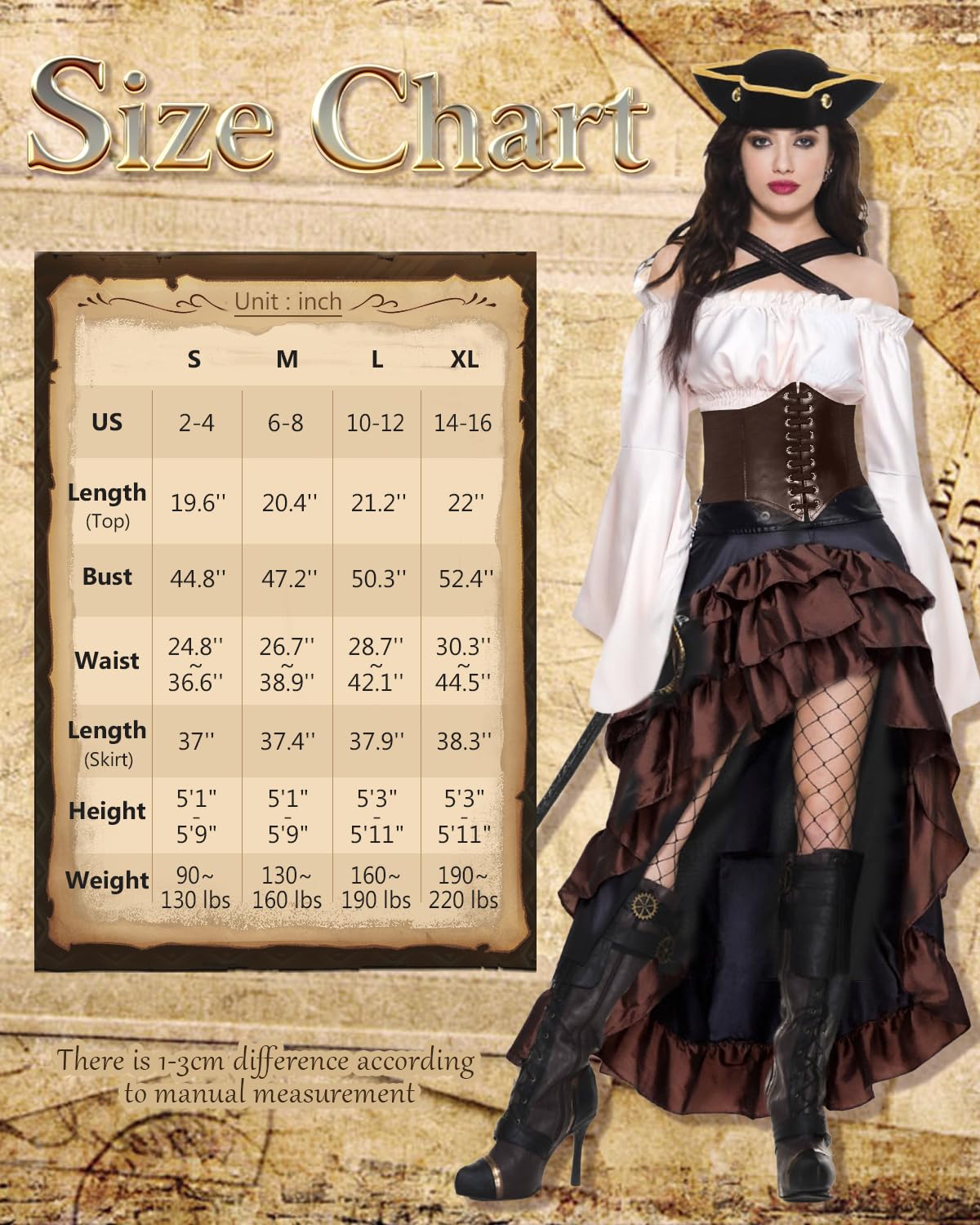 Women's Renaissance Pirate Wench Costume with Corset, Skirt & Blouse