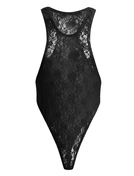 ABAFIP Men's Lace Bodysuit High Cut One Piece Leotard Sleeveless Racerback Sheer Lingerie Undershirts Top Black Large