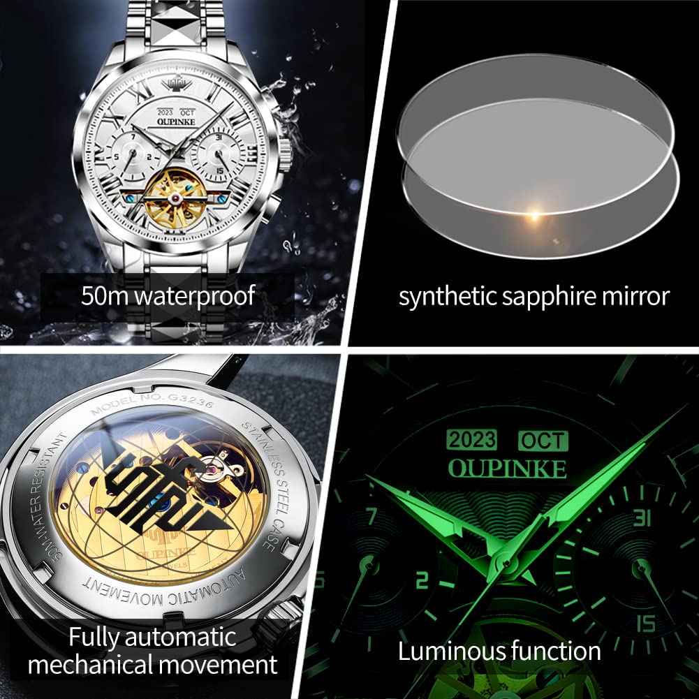 OUPINKE Watches for Men Automatic Skeleton Mechanical Luxury Cratch-Resistant Sapphire Mirror Tungsten Steel Strap Luminous Waterproof Calendar Wrist Watch Silver White