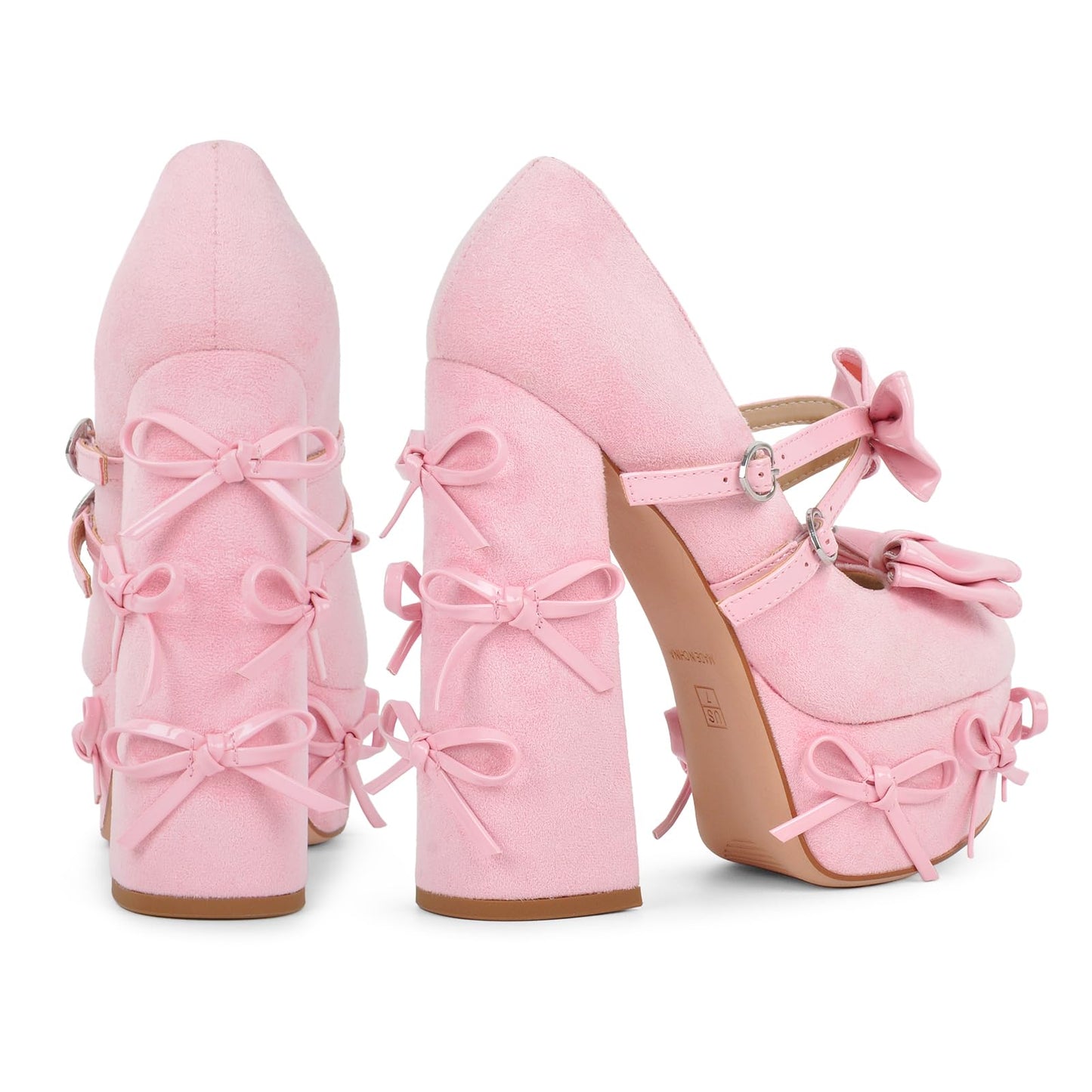 Crossdresser- Sissy - Platform Block Heel Pumps Bowknots Studded Mary Jane Shoes with Heart Buckle Straps Round Toe Cute Lolita Chunky High Heels Faux Suede Dress Pump for Party Cosplay Pink Size 12