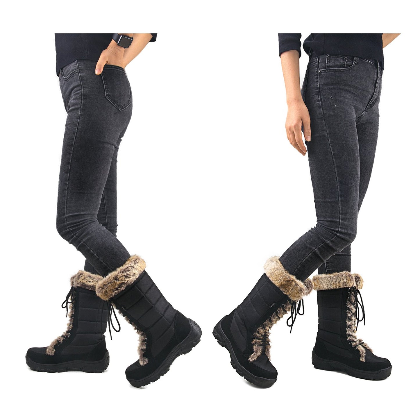 AUSLAND Women's Black Winter Snow Boots Twin Peaks Fur Cuff Mid-Calf Waterproof Lace Up Boots E7623 6US/37EU