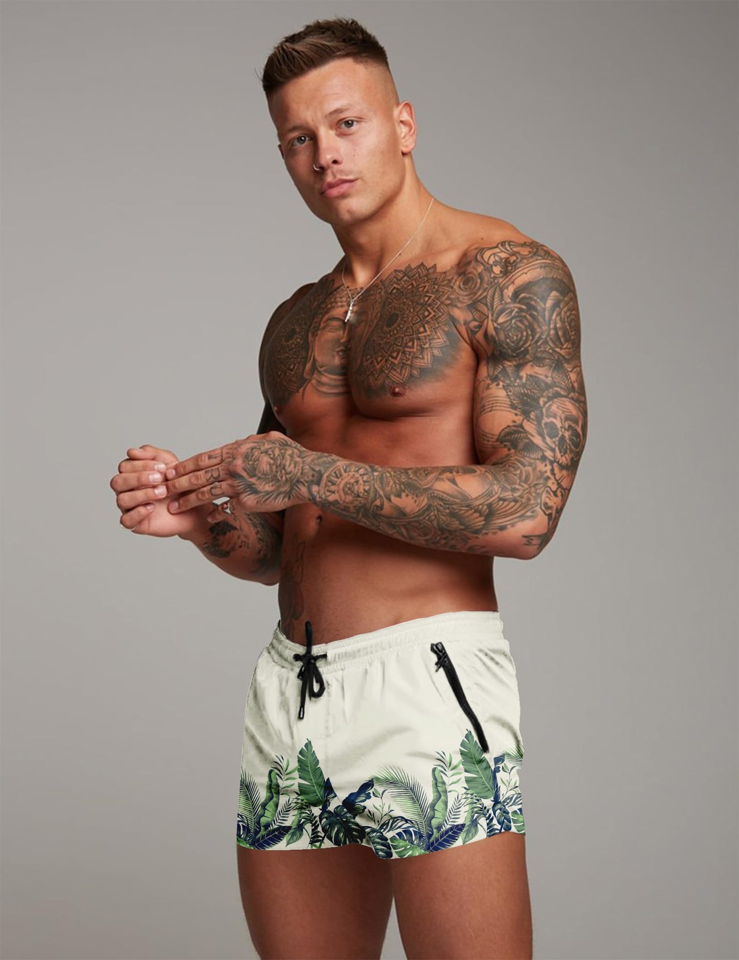 COOFANDY Men's Swim Trunk Quick Dry Swimwear Mesh Lining Bathing Suit Swimsuit Board Beach Sport Short Green Leaves/L