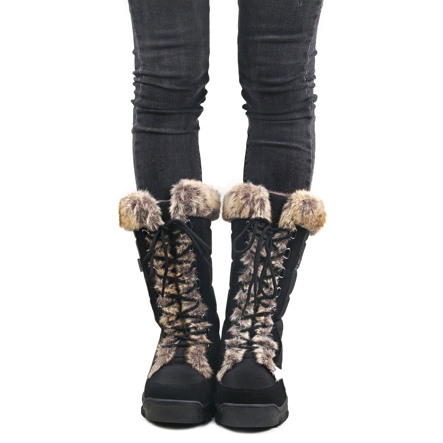 AUSLAND Women's Black Winter Snow Boots Twin Peaks Fur Cuff Mid-Calf Waterproof Lace Up Boots E7623 6US/37EU