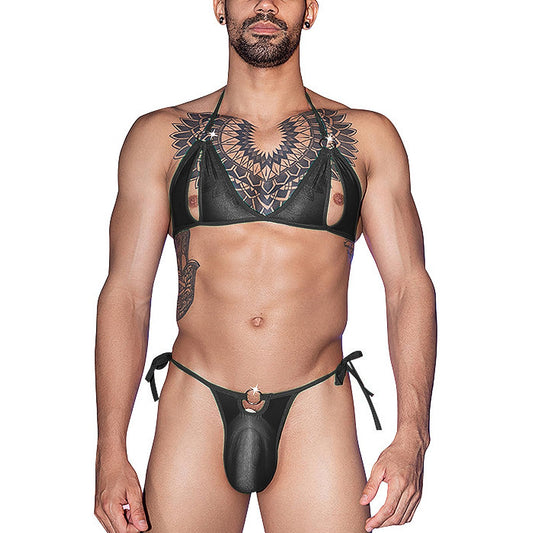 Men's Sissy Bikini Crossdressing Lingerie Set Sexy Bra Top with Low Rise Briefs Gay Underwear Pouch Panties Girly Nightwear Black