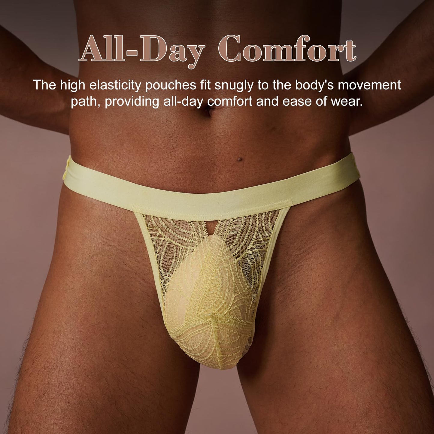 BSZN Men's Sexy Thong, Yellow Lace Detachable Chain Piercing Ring Bulge Pouch Mid Rise Sunny Wild Sexy Lingerie