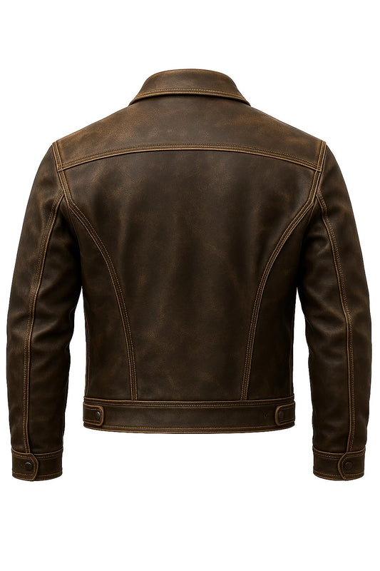 RABCHI Men’s Distressed Brown Lambskin Leather Trucker Jacket – Vintage Denim Style Moto Coat (US, Alpha, X-Large, Regular, Regular, dark brown distressed denim jacket)