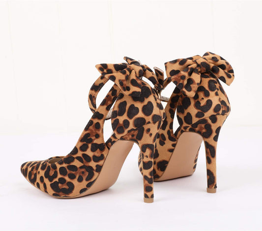 Fashare Womens High Heels Pointed Toe Bowtie Back Ankle Buckle Strap Wedding Evening Party Dress Pumps Shoes (9 B(M) US, Leopard)