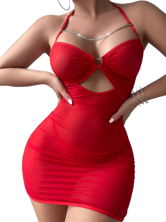 PITINAN Sexy Chain Sheer Mesh Ruched Bodycon Mini Night Out Club Dress with Thong 2 Piece Outfits Women See Through Halter Short Chemise Negligee Party Lingerie Set Red M