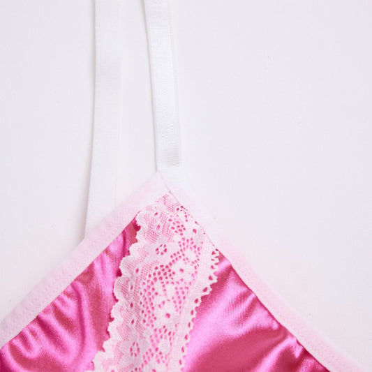 Men's Lingerie Bra - Shiny Silk Satin Bralette Floral Lace Trim - Sissy Top - Crossdressing