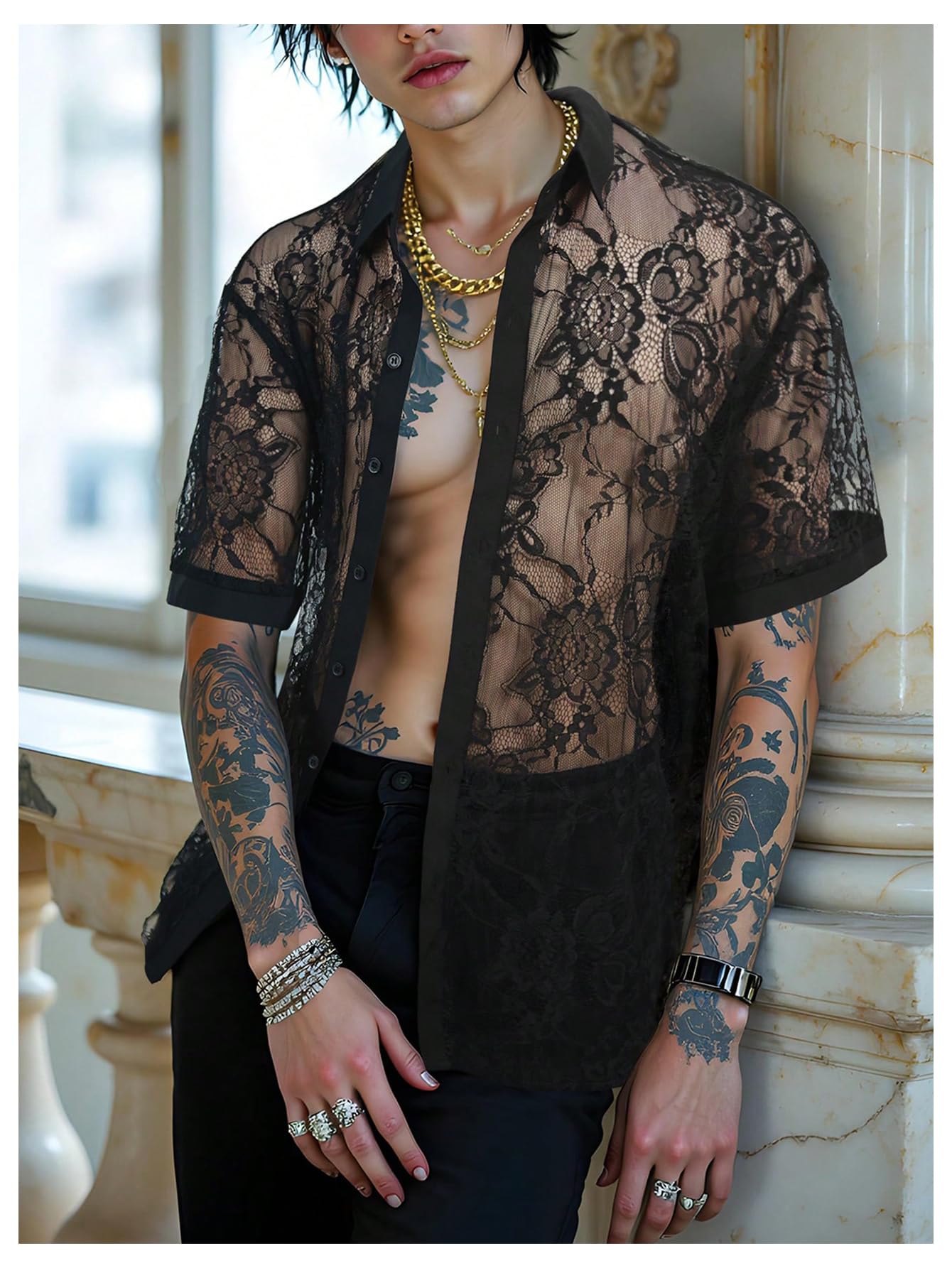 SHENHE Men's Floral Lace Shirt Sheer Button Down Short Sleeve Party Festival Date Night Top Black X-Large