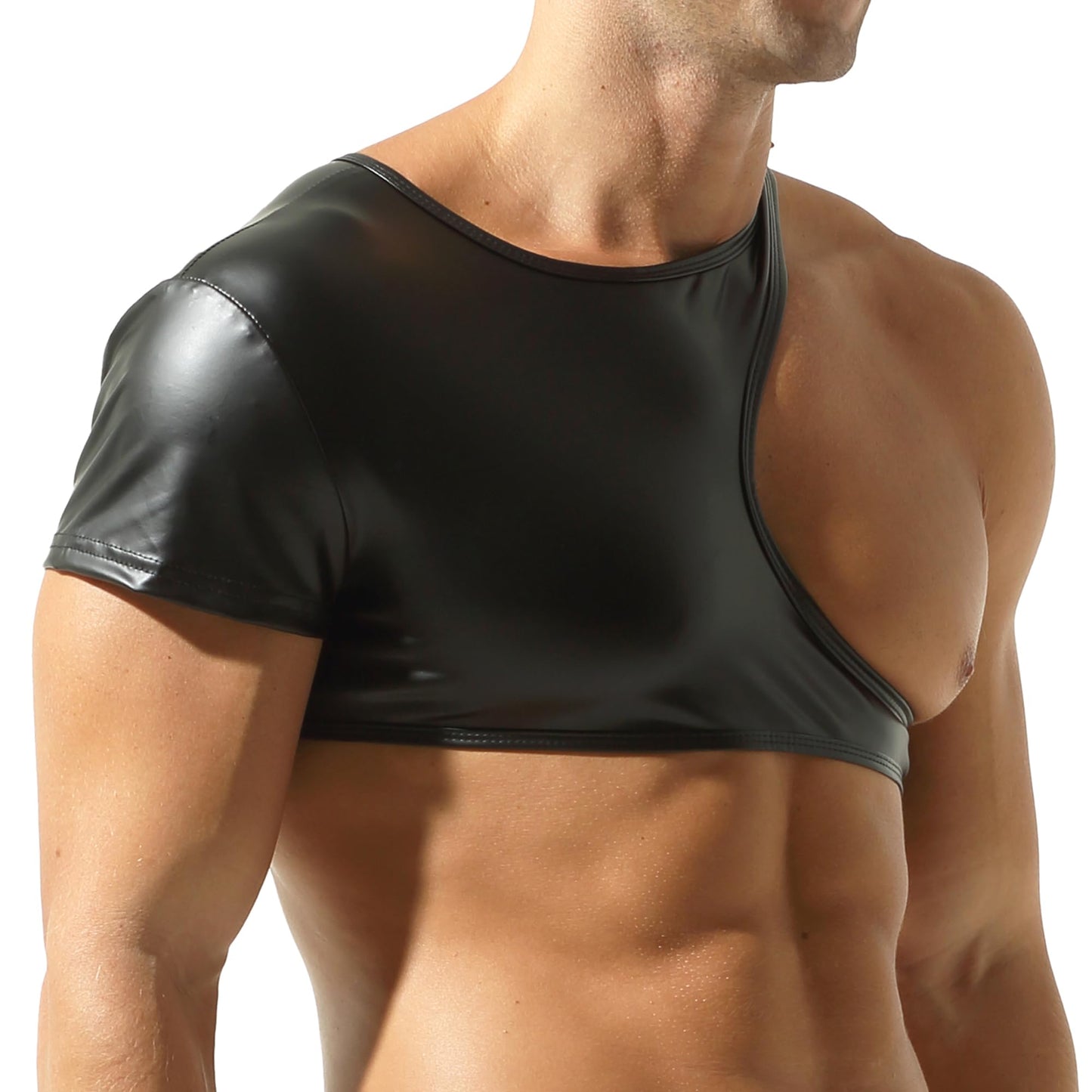 Mens Leather Crop Tops Sexy Sleeveless Muscle Half Tank Tops for Nightclub Party