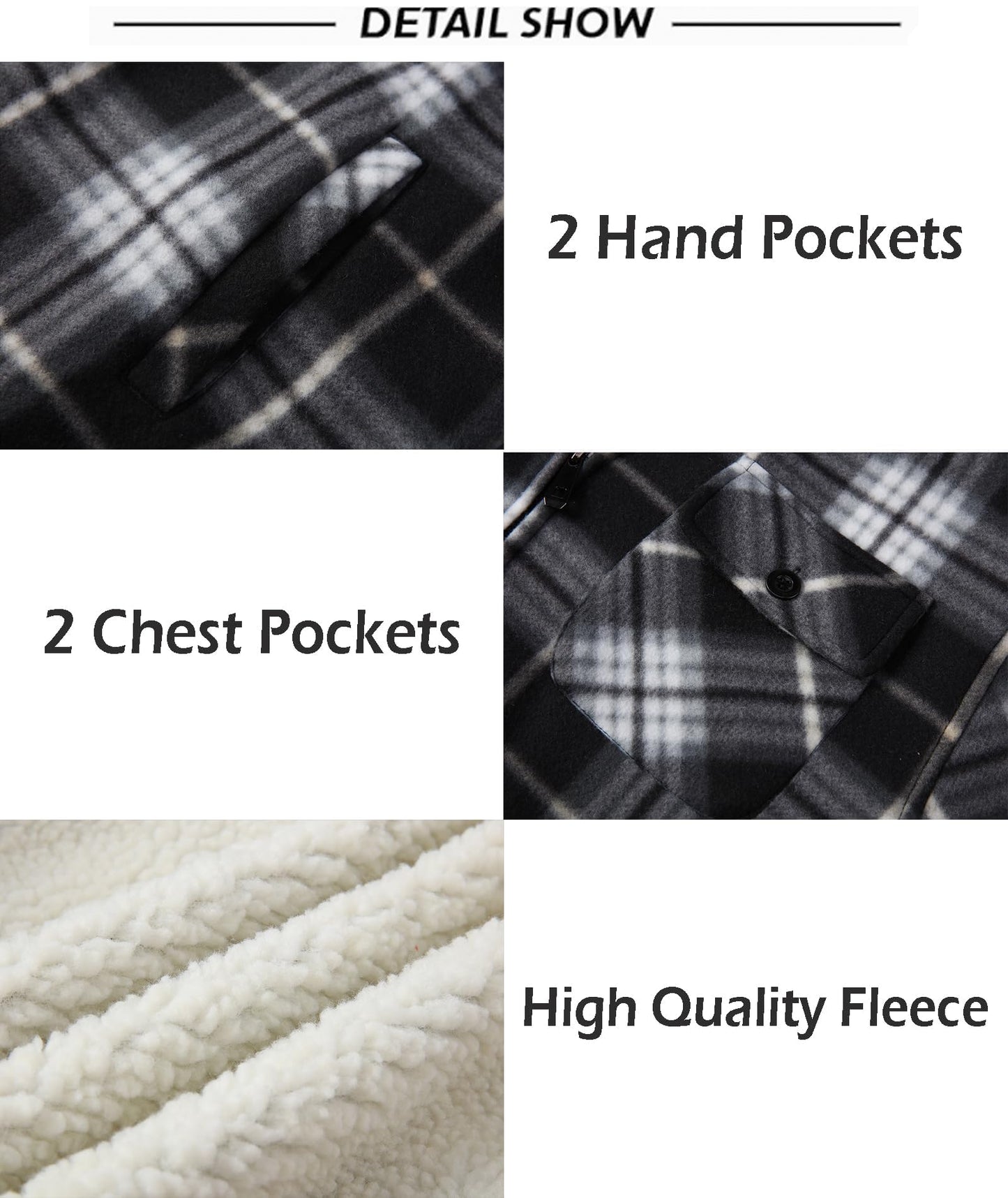 SCODI Men's Flannel Shirt Jacket Fleece Sherpa Lined Plaid Jackets Coat Full Zip Up Hoodie Winter Outwear Black White Medium