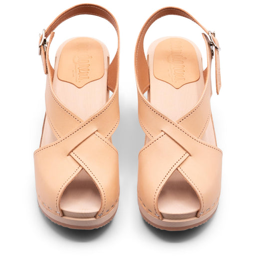 Sandgrens Handmade Swedish Wood Clogs for Women, High Heel Sandal US 4 | Morocco Ecru Veg Tan LT, EU 35