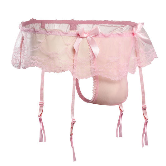 WINTOFW Lace Sissy Pouch Panties for Men Crossdressers Men's Lingerie Skirt G-String Underwear Briefs with Garters