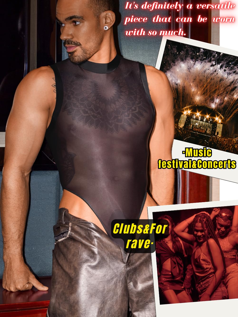 Sexy Glossy Mens Lingerie Sheer, Snap Crotch Thong Leotard High Cut Muscle Suit, Mesh Rave Bodysuit Top Club Outfits Black Medium-Large