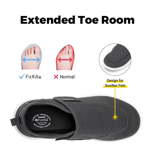 FitVille Diabetic Shoes for Men Extra Wide Slip-on Shoes for Swollen Feet Adjustable Walking Shoes for Elderly Foot Pain Relief Neuropathy - EasyTop Wings Deep Gray
