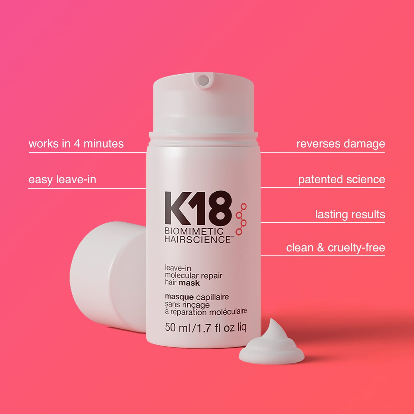K18 Full-Size Leave-In Molecular Hair Mask, Repairs Dry or Damaged Hair, Reverse Hair Damage from Bleach, Color, Chemical Services & Heat