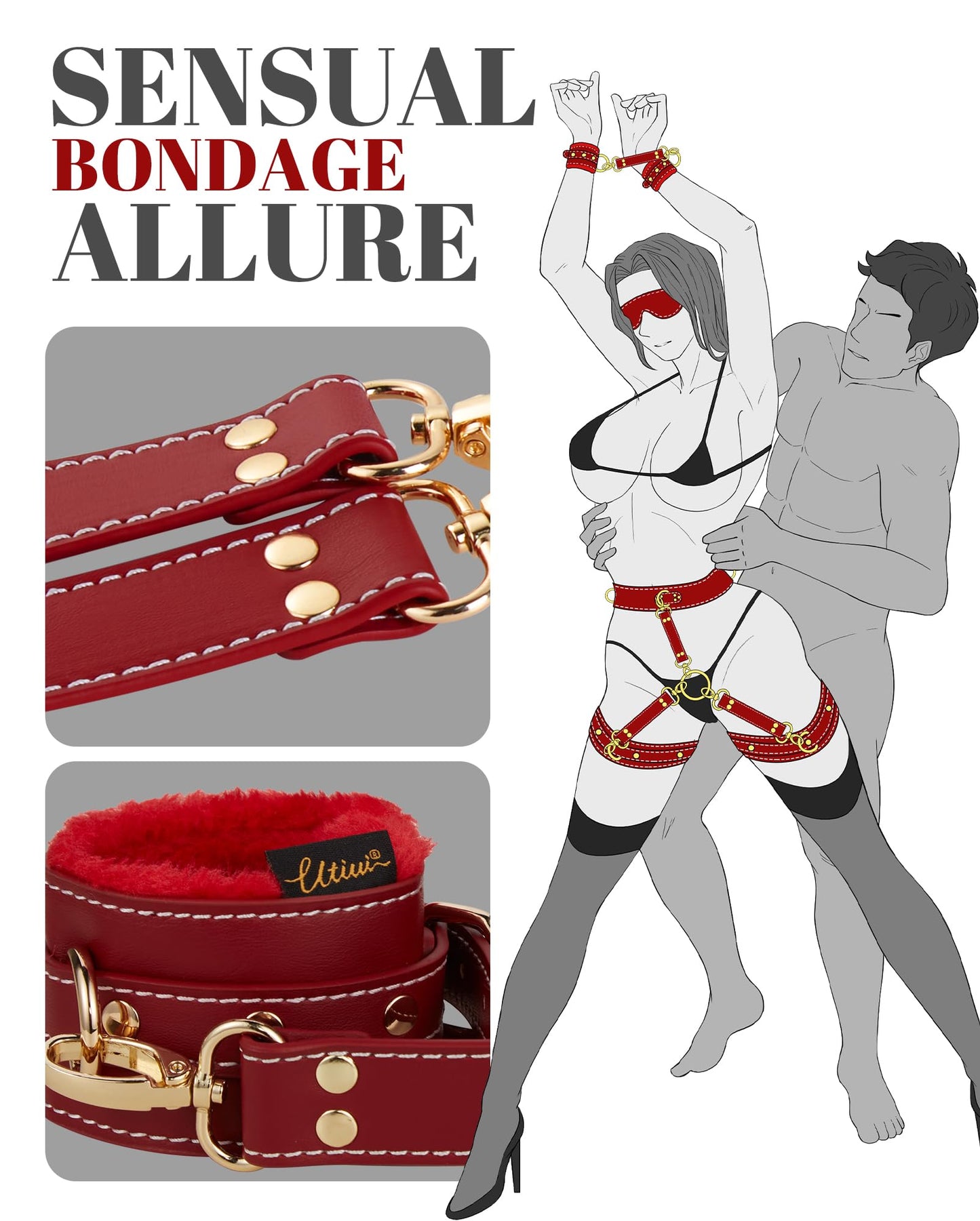 UTIMI Sex Bondage BDSM Kit Fesseln 6PCS Sets mit Verstellbaren Handschellen Fußfessel Oberschenkelmanschetten Augenbinde Kreuzgurt Taillengurt SM Erwachsene Sexspielzeug für Männer Frauen und Paare