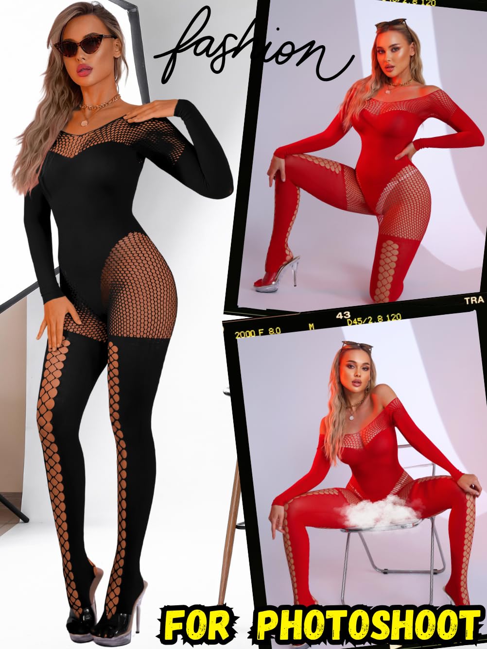 EHSUYAB Womens Sexy Full Fishnet Bodysuit, One Piece Mesh Lace Jumpsuit Body Stockings, Rave Club Poster Exotic Dancer Outfit Black One Size