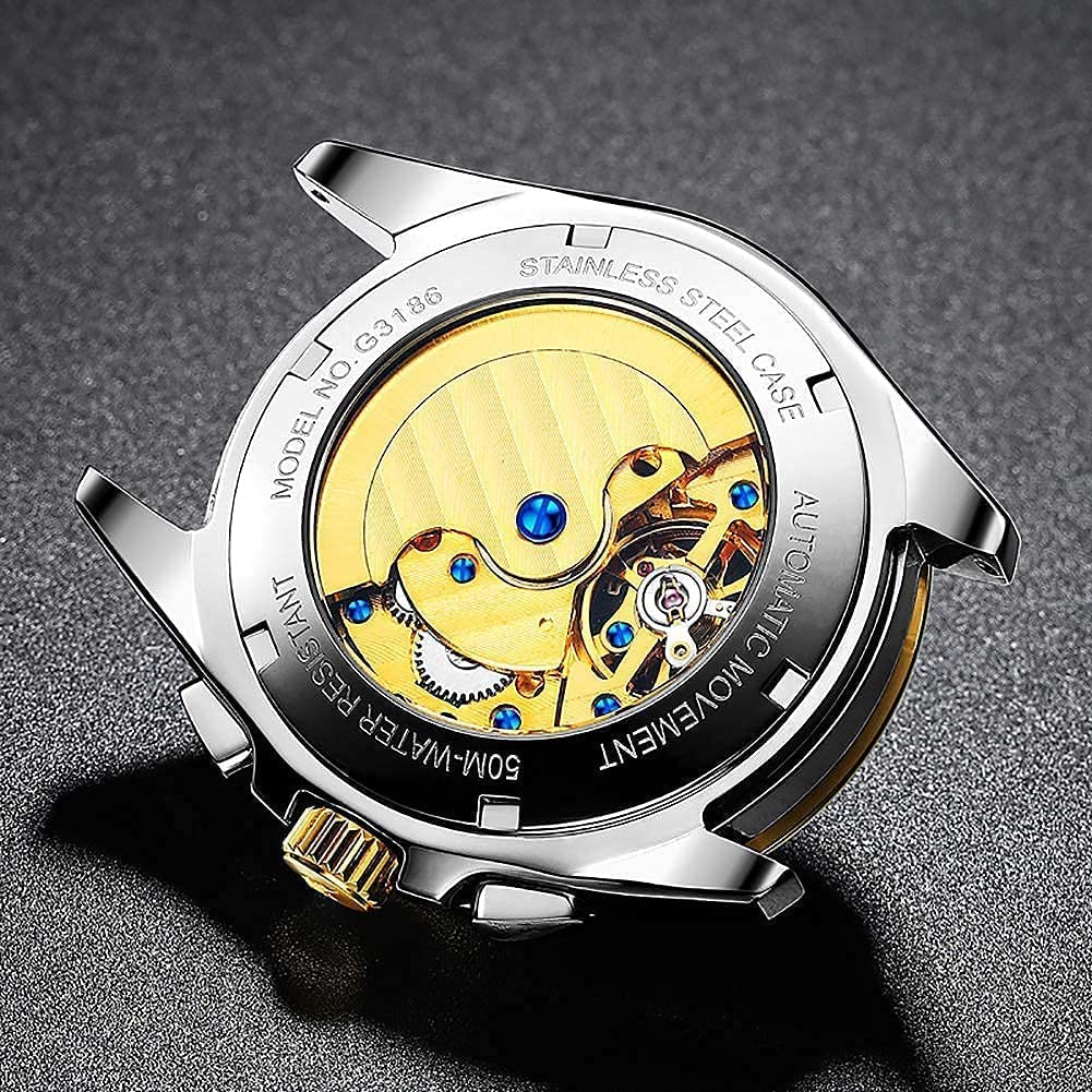 OUPINKE Mens Watches Luxury Automatic Mechanical Tungsten Steel Waterproof Tourbillon White