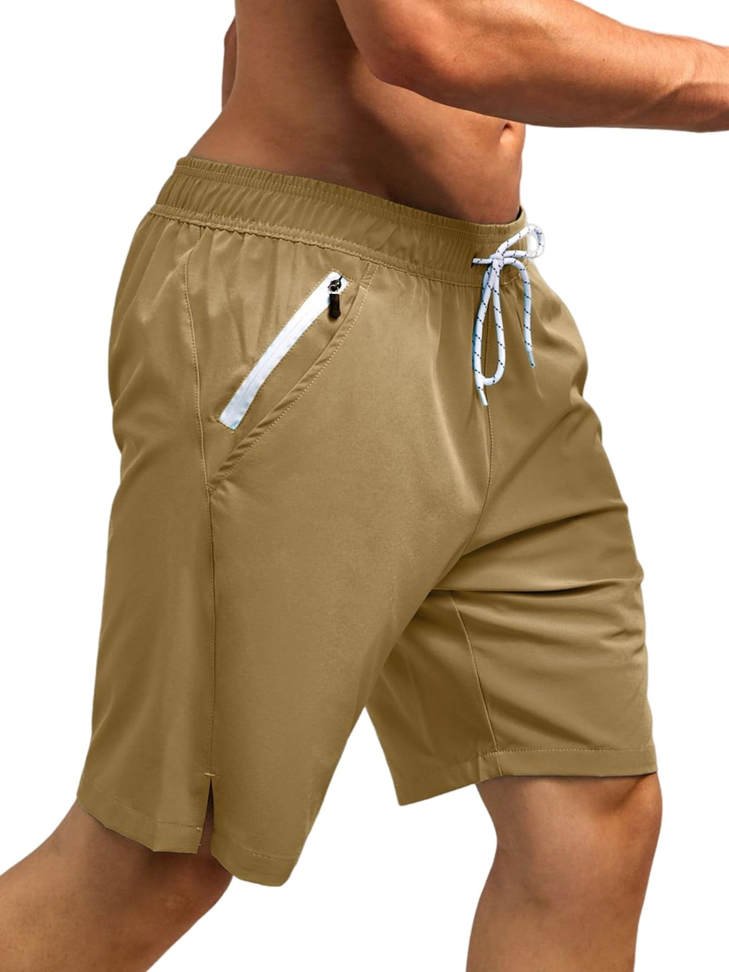 SILKWORLD Quick Dry 9" Mens Swimming Trunks with Zip Pockets Side-Slit Athletic Shorts Compression Lined Swimsuit,Khaki,X-Large
